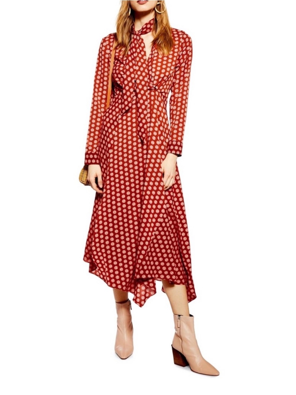 Topshop Red Polka Dot Maxi Dress with Tie Neck
